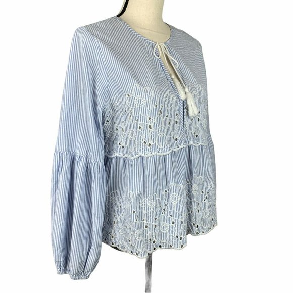 CeCe Cottage Core Crop Top Womens M Boho Puff Sleeve Striped Embroidery - Picture 2 of 10